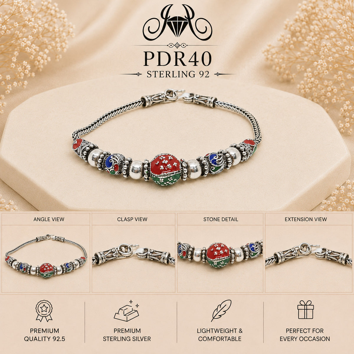 PDR40 92.5 Sterling Silver Charm Bracelet collage