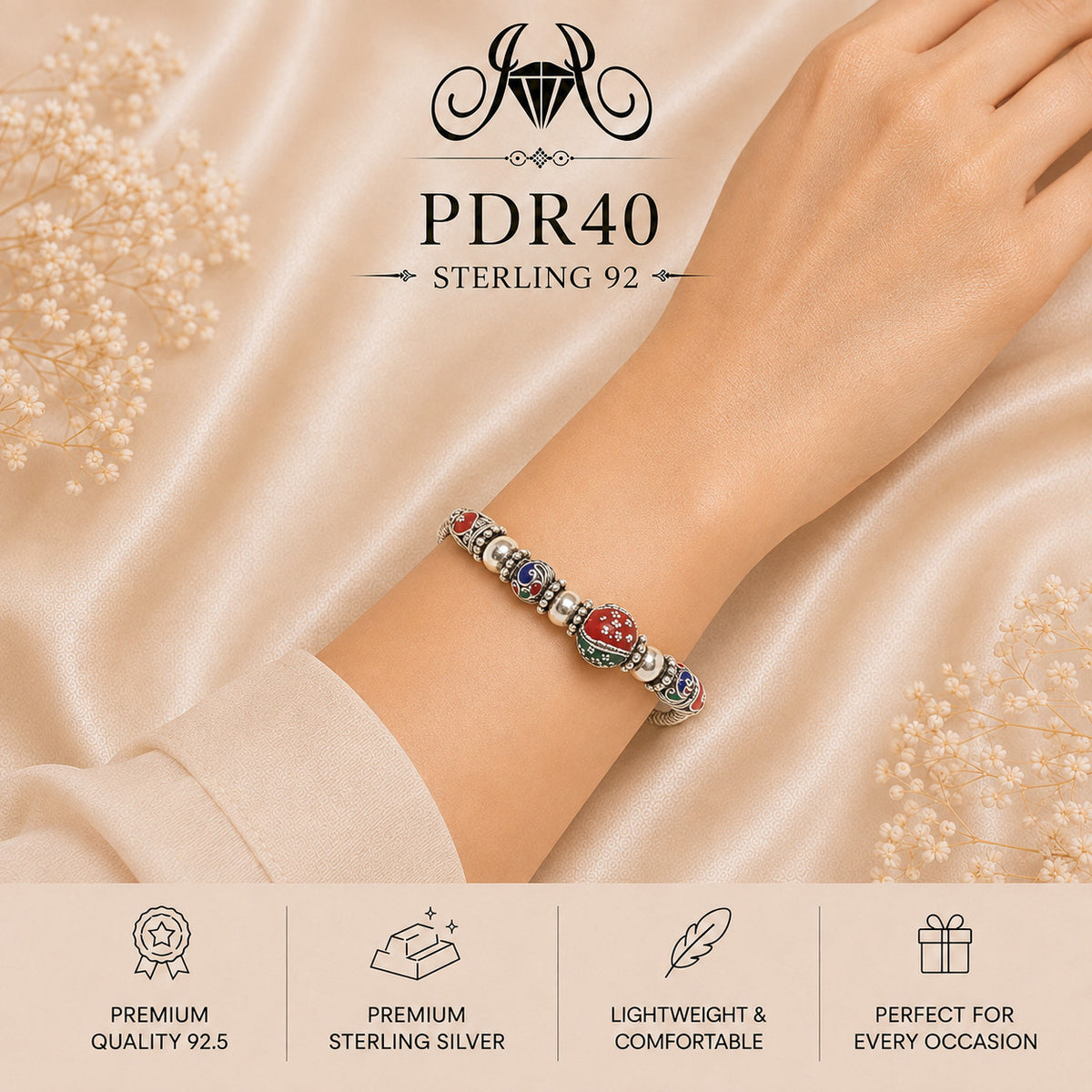PDR40 92.5 Sterling Silver Charm Bracelet wearing view