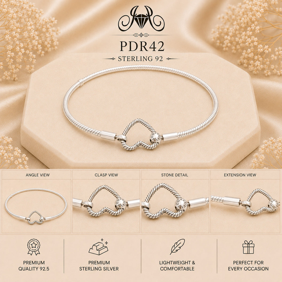 PDR42 92.5 Sterling Silver Charm Bracelet collage