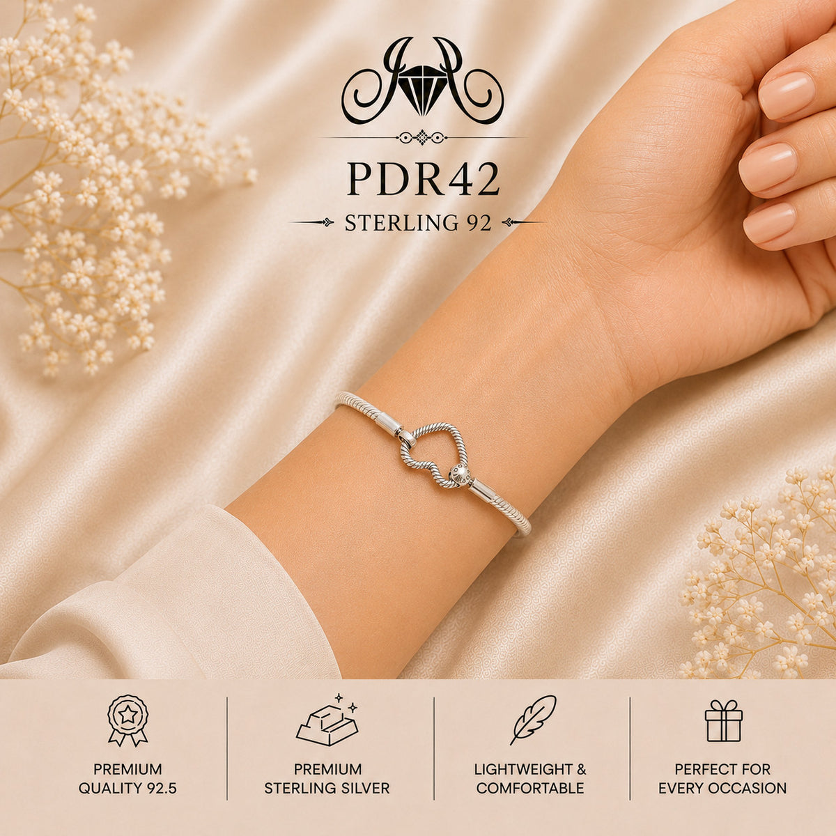 PDR42 92.5 Sterling Silver Charm Bracelet wearing view