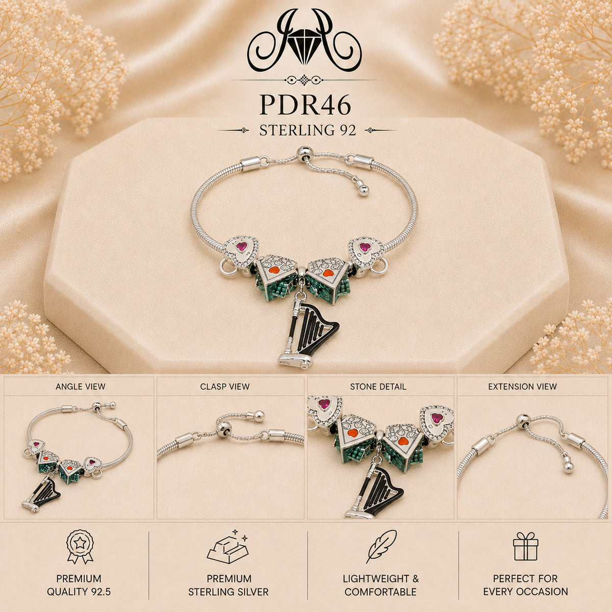 PDR46 92.5 Sterling Silver Charm Bracelet collage