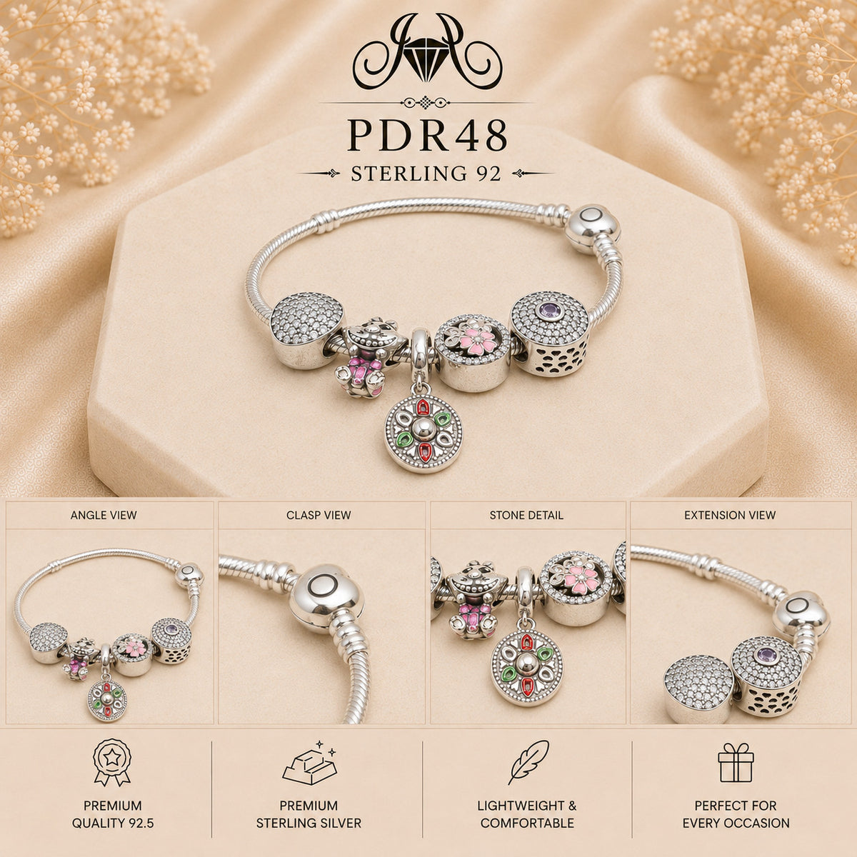 PDR48 92.5 Sterling Silver Charm Bracelet collage