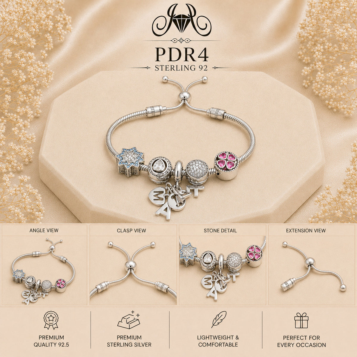 PDR4 92.5 Sterling Silver Charm Bracelet collage