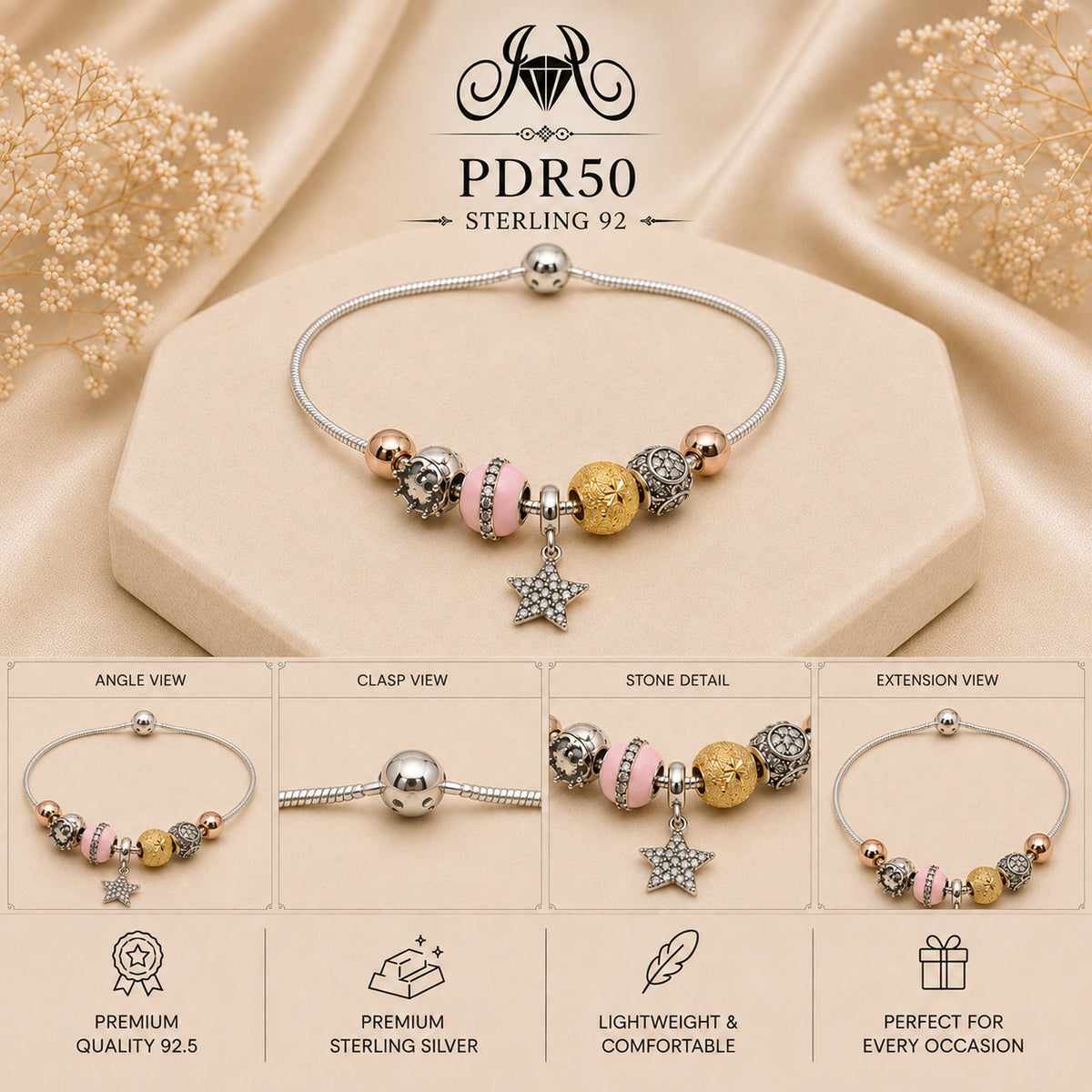 PDR50 92.5 Sterling Silver Charm Bracelet collage