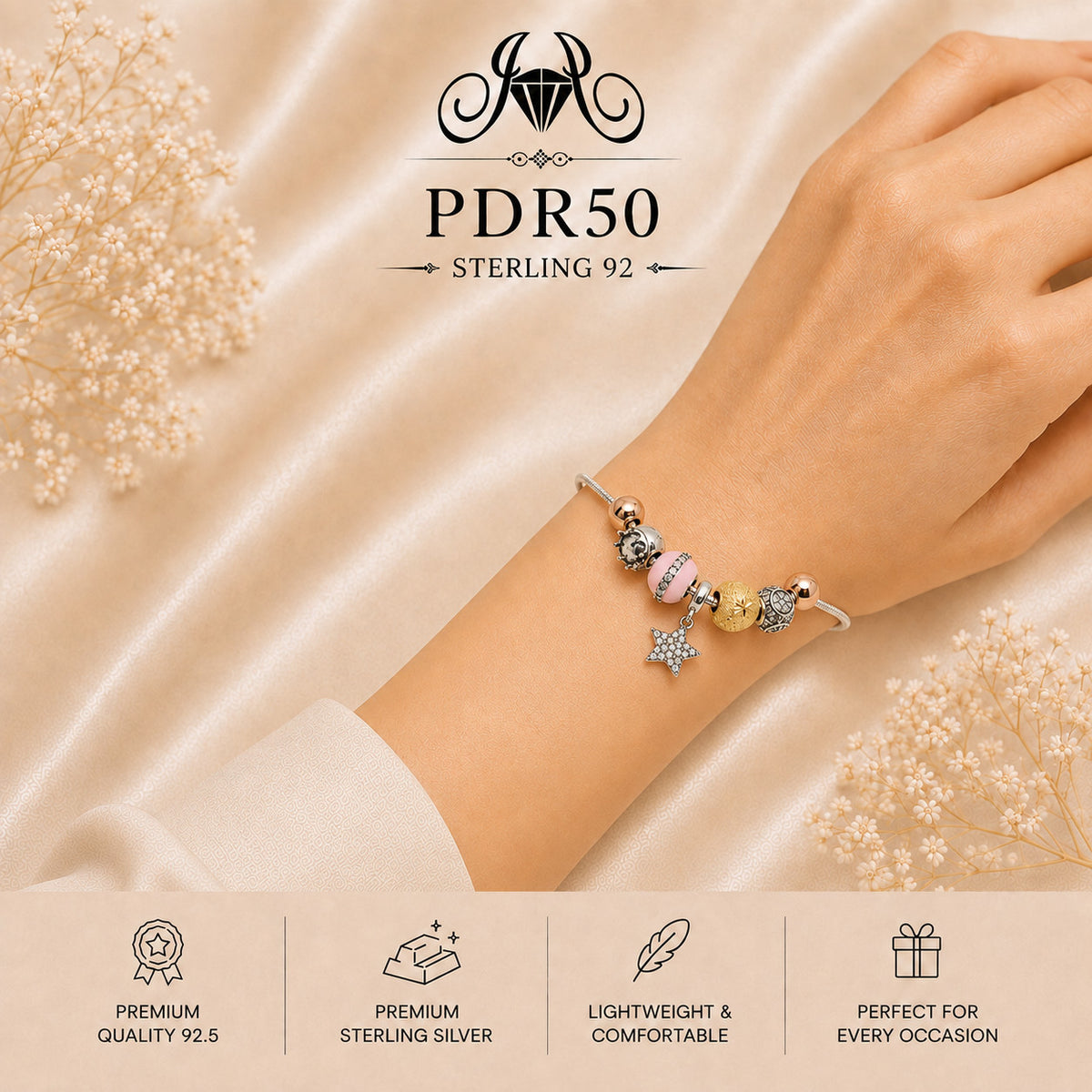 PDR50 92.5 Sterling Silver Charm Bracelet wearing view