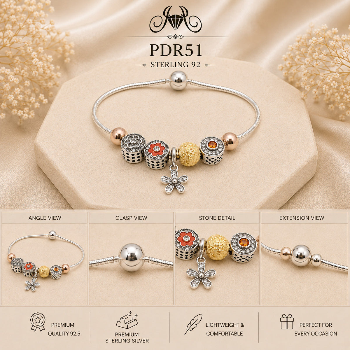 PDR51 92.5 Sterling Silver Charm Bracelet collage