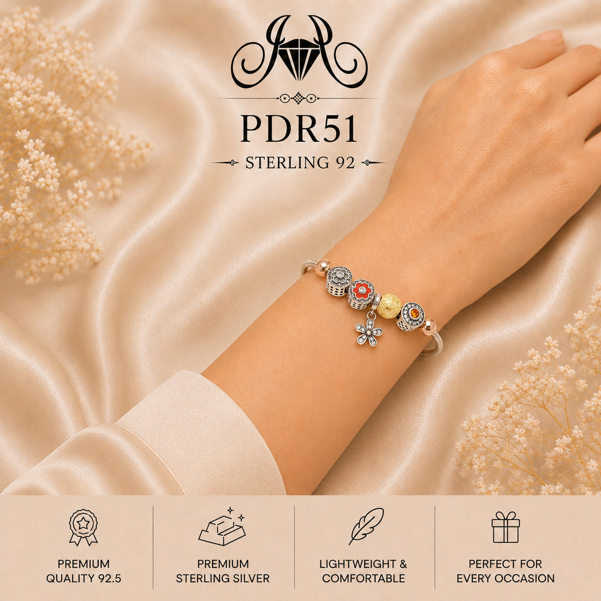 PDR51 92.5 Sterling Silver Charm Bracelet wearing view