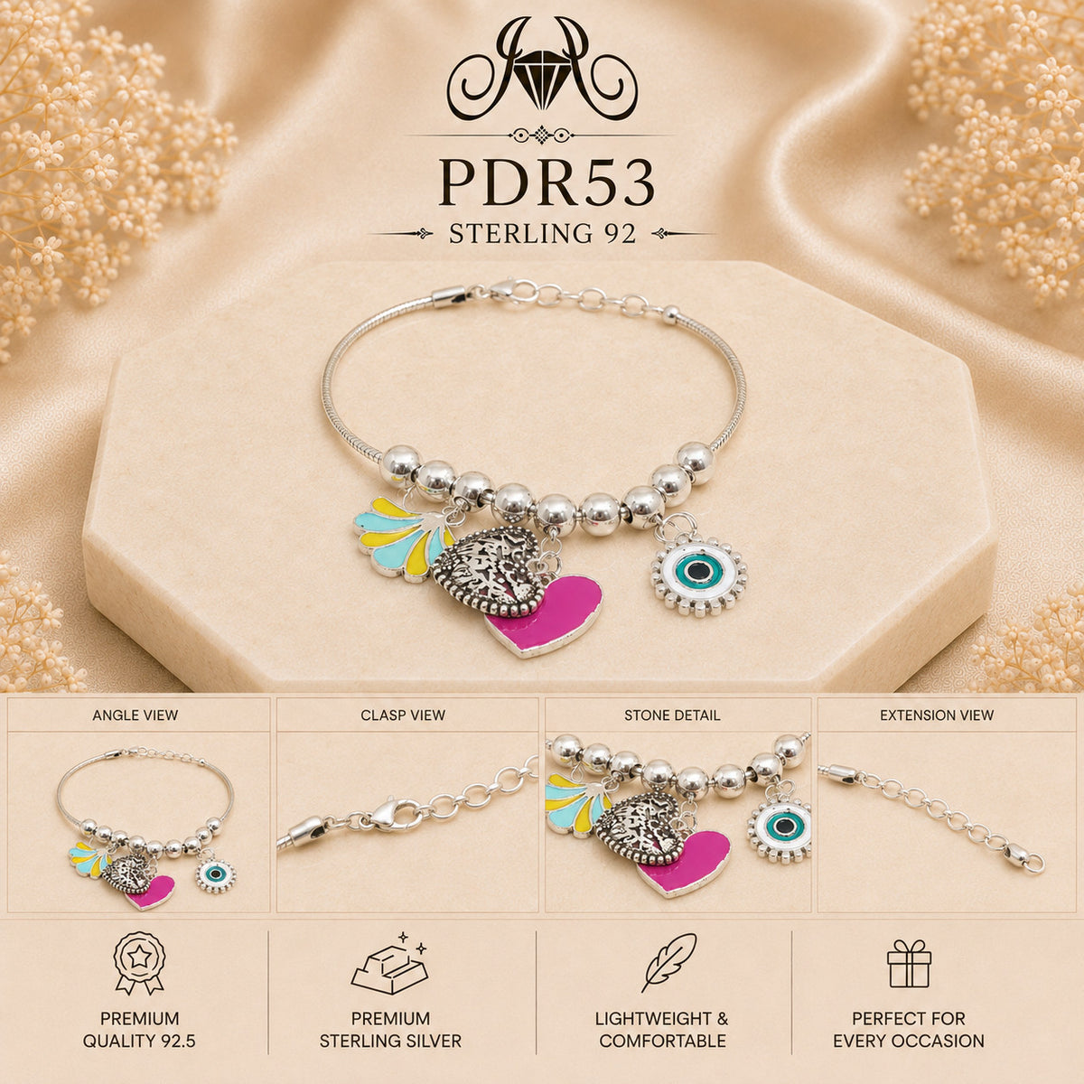 PDR53 92.5 Sterling Silver Charm Bracelet collage