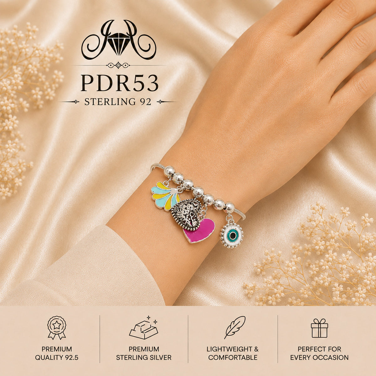 PDR53 92.5 Sterling Silver Charm Bracelet wearing view
