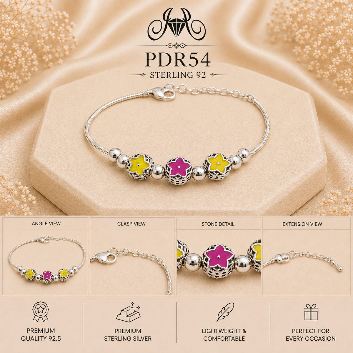 PDR54 92.5 Sterling Silver Charm Bracelet collage
