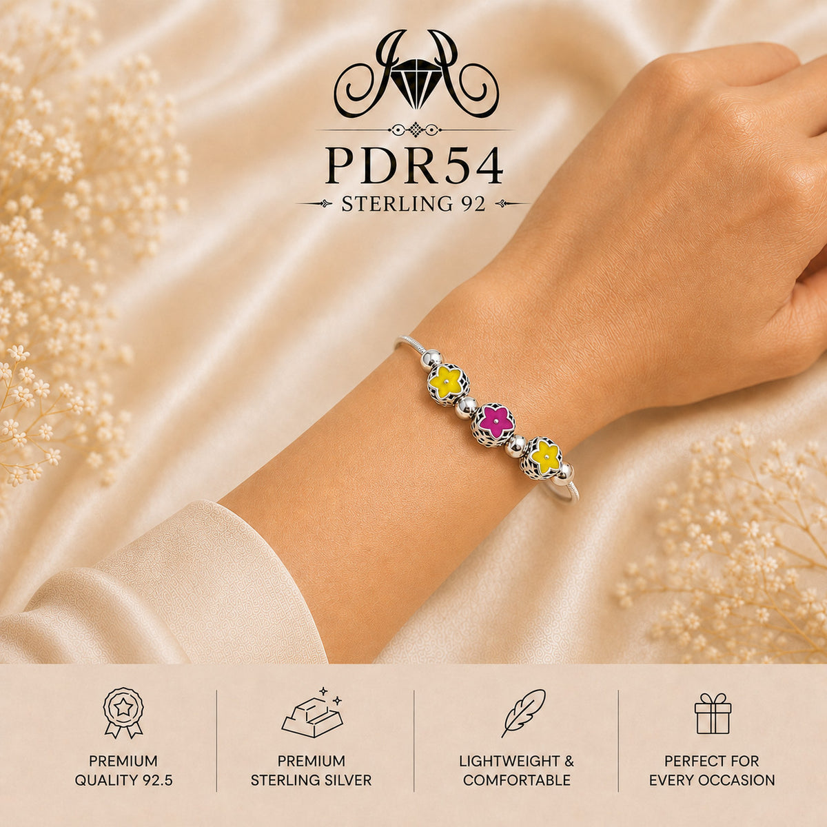 PDR54 92.5 Sterling Silver Charm Bracelet wearing view