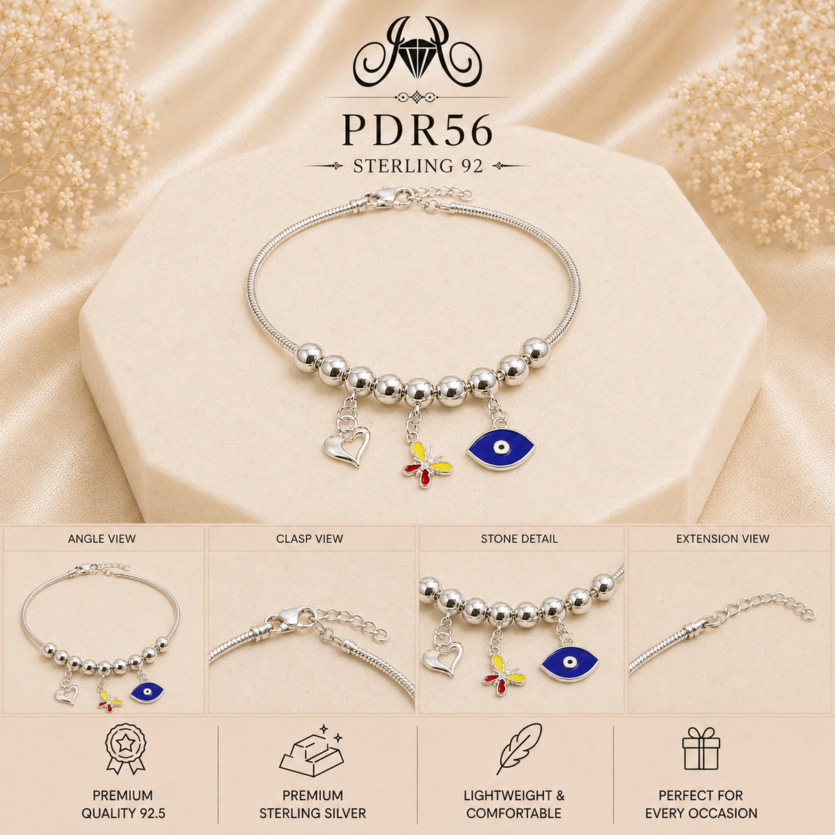 PDR56 92.5 Sterling Silver Charm Bracelet collage