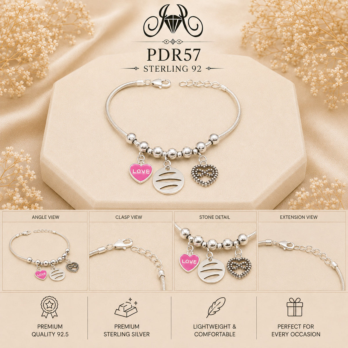 PDR57 92.5 Sterling Silver Charm Bracelet collage