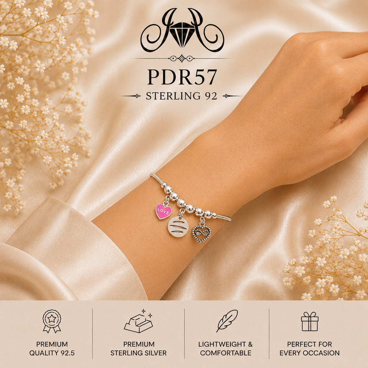 PDR57 92.5 Sterling Silver Charm Bracelet wearing view