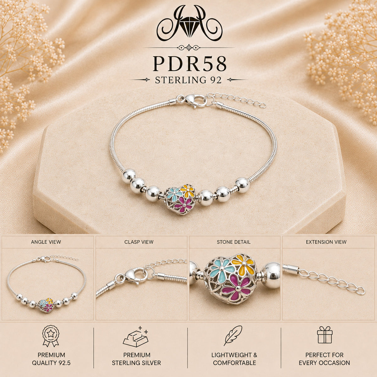 PDR58 92.5 Sterling Silver Charm Bracelet collage