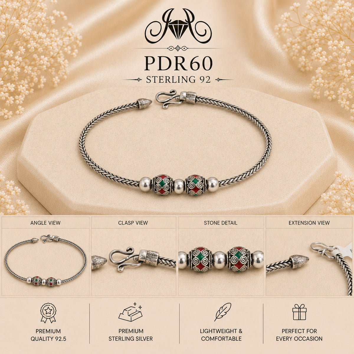 PDR60 92.5 Sterling Silver Charm Bracelet collage