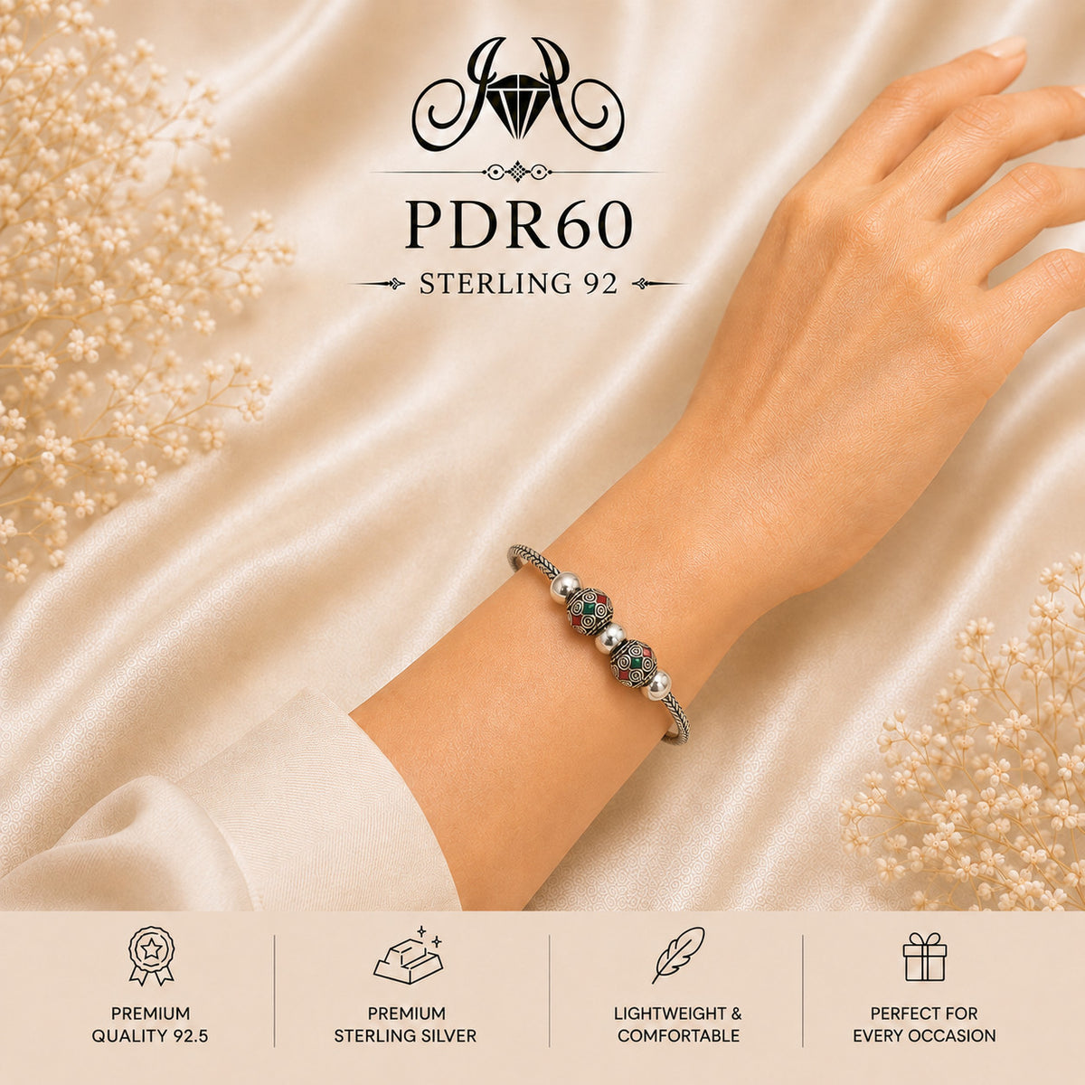 PDR60 92.5 Sterling Silver Charm Bracelet wearing view