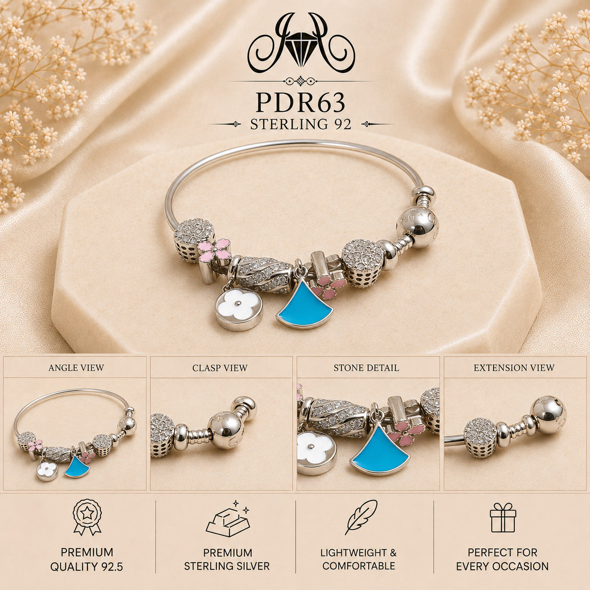 PDR63 92.5 Sterling Silver Charm Bracelet collage