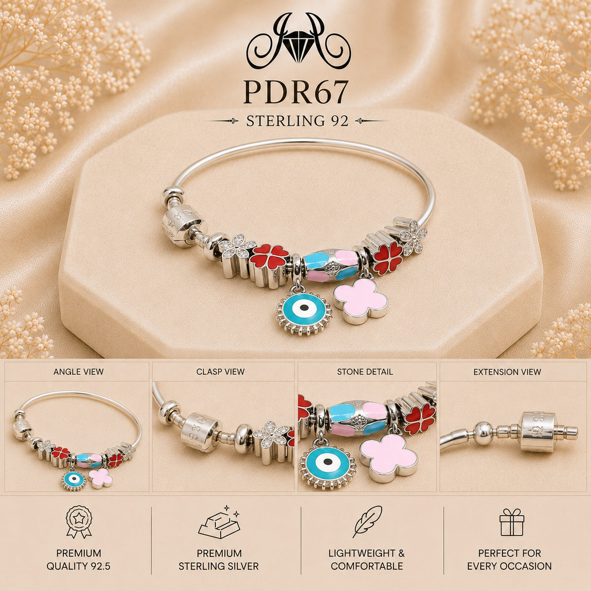PDR67 92.5 Sterling Silver Charm Bracelet collage