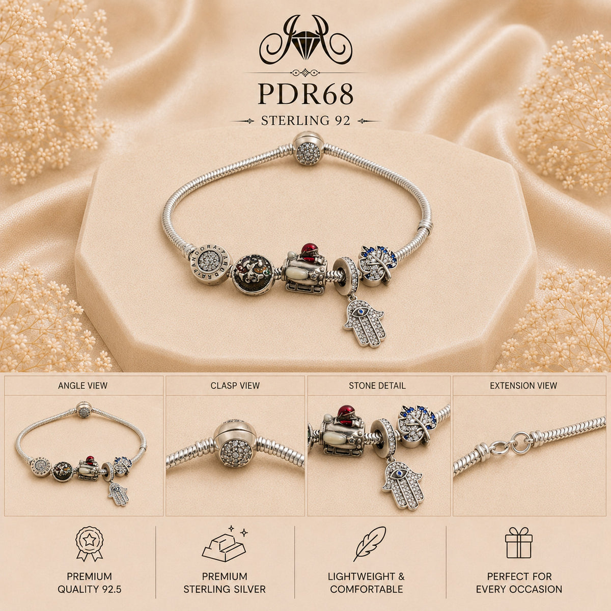 PDR68 92.5 Sterling Silver Charm Bracelet collage