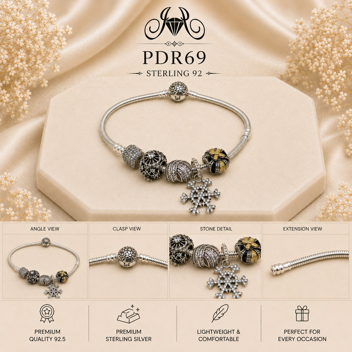 PDR69 92.5 Sterling Silver Charm Bracelet collage