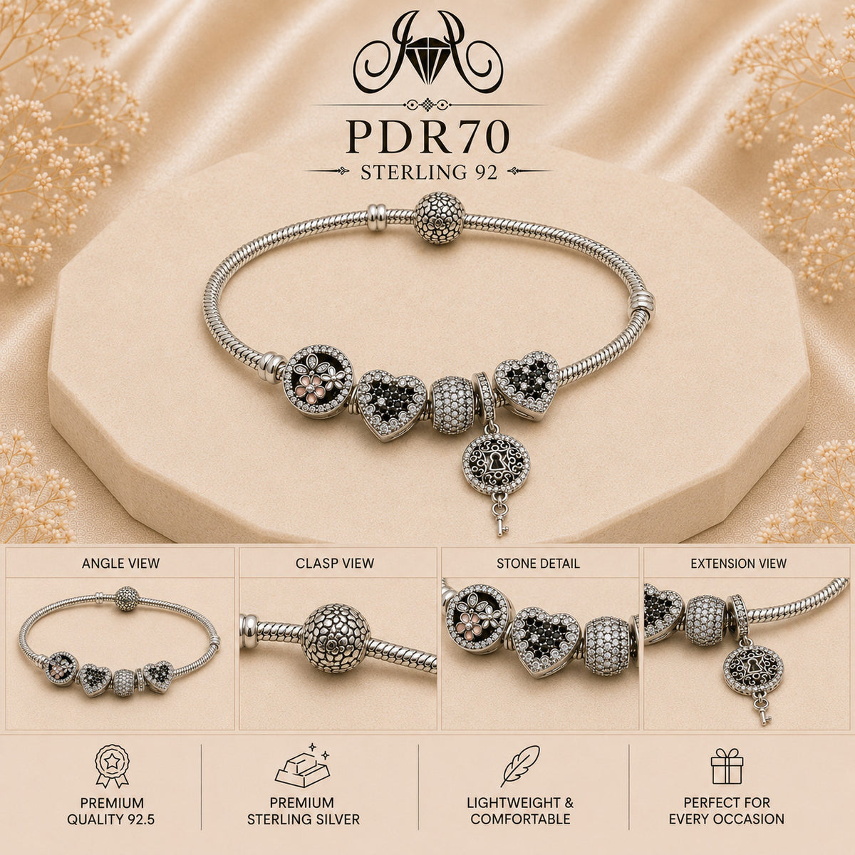 PDR70 92.5 Sterling Silver Charm Bracelet collage