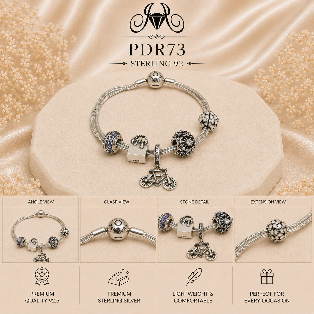 PDR73 92.5 Sterling Silver Charm Bracelet collage