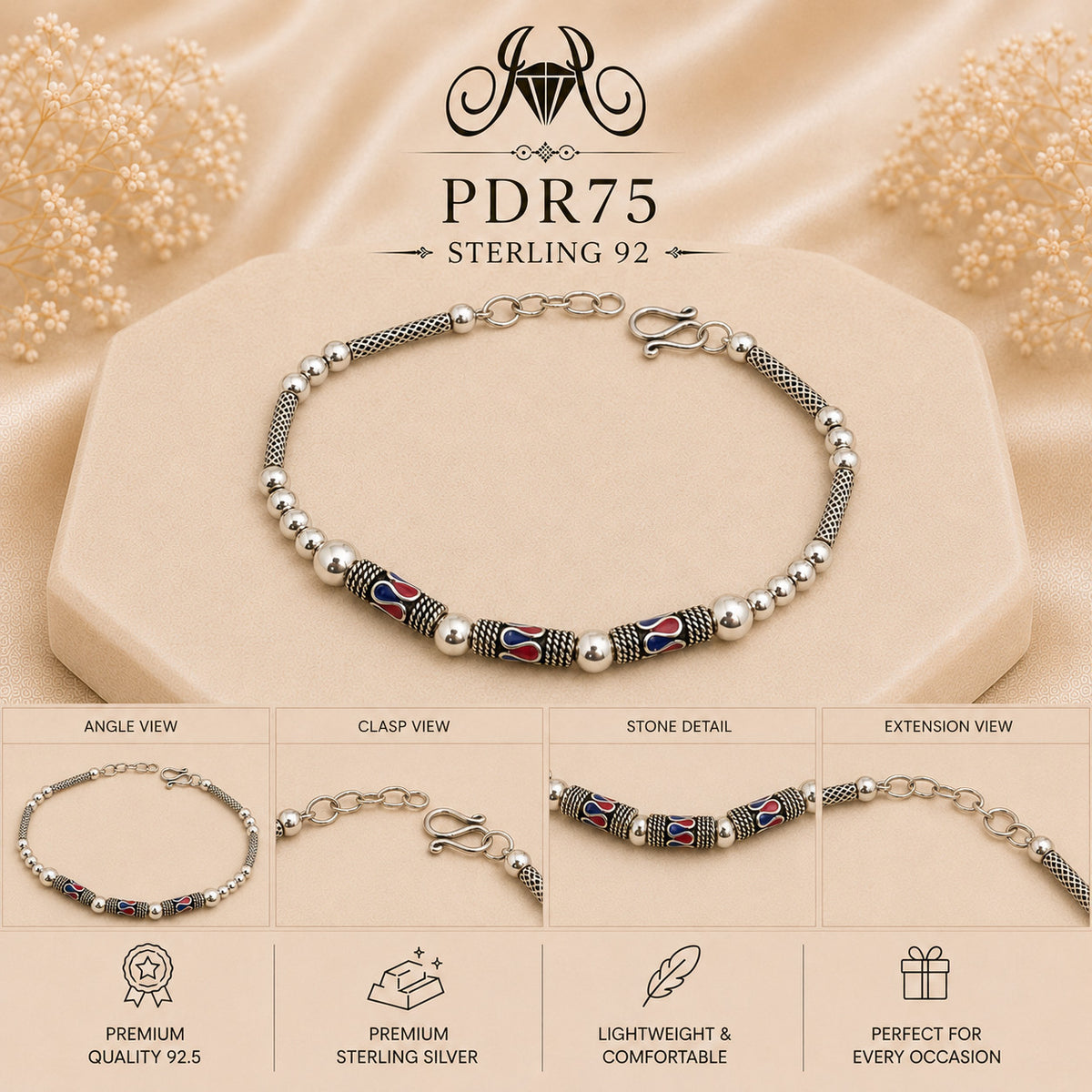 PDR75 92.5 Sterling Silver Charm Bracelet collage