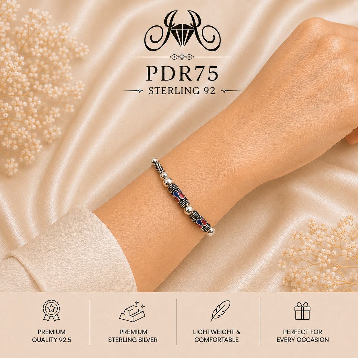 PDR75 92.5 Sterling Silver Charm Bracelet wearing view