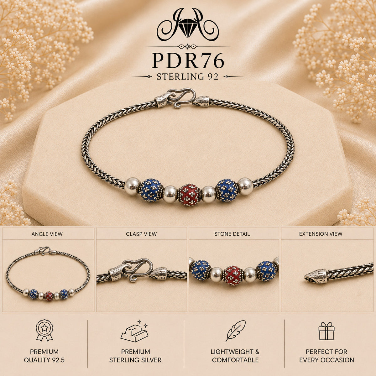 PDR76 92.5 Sterling Silver Charm Bracelet collage
