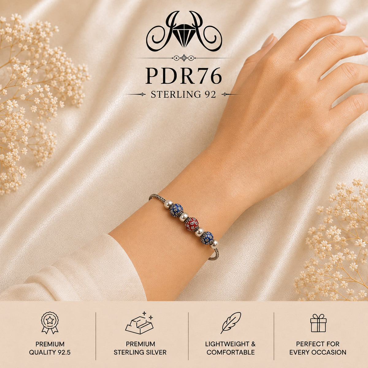 PDR76 92.5 Sterling Silver Charm Bracelet wearing view