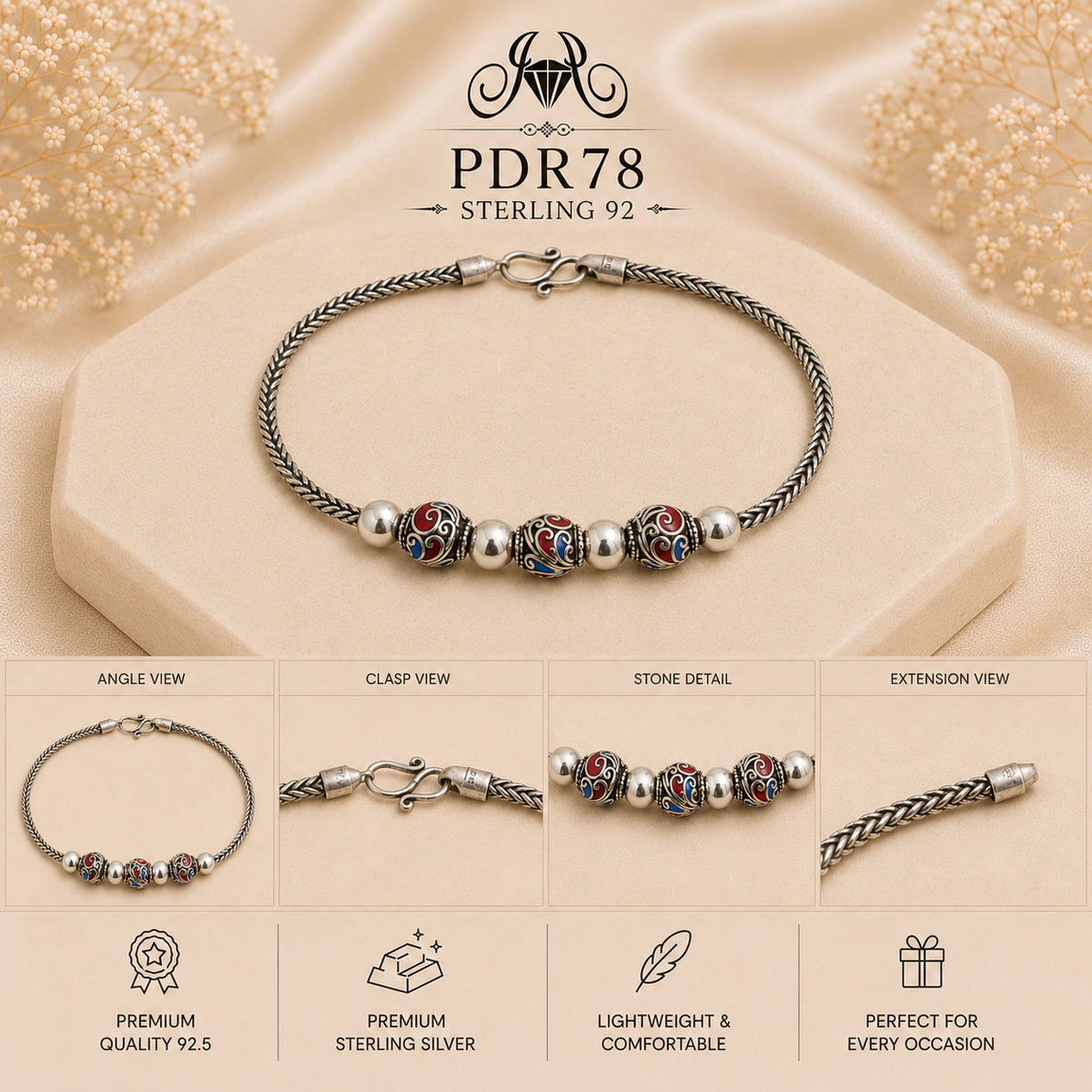 PDR78 92.5 Sterling Silver Charm Bracelet collage