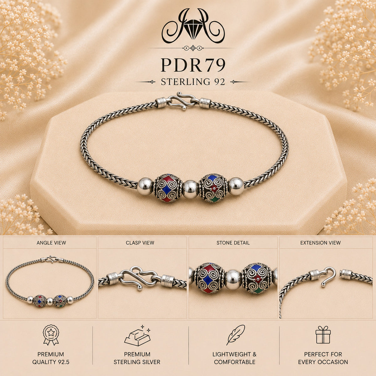 PDR79 92.5 Sterling Silver Charm Bracelet collage