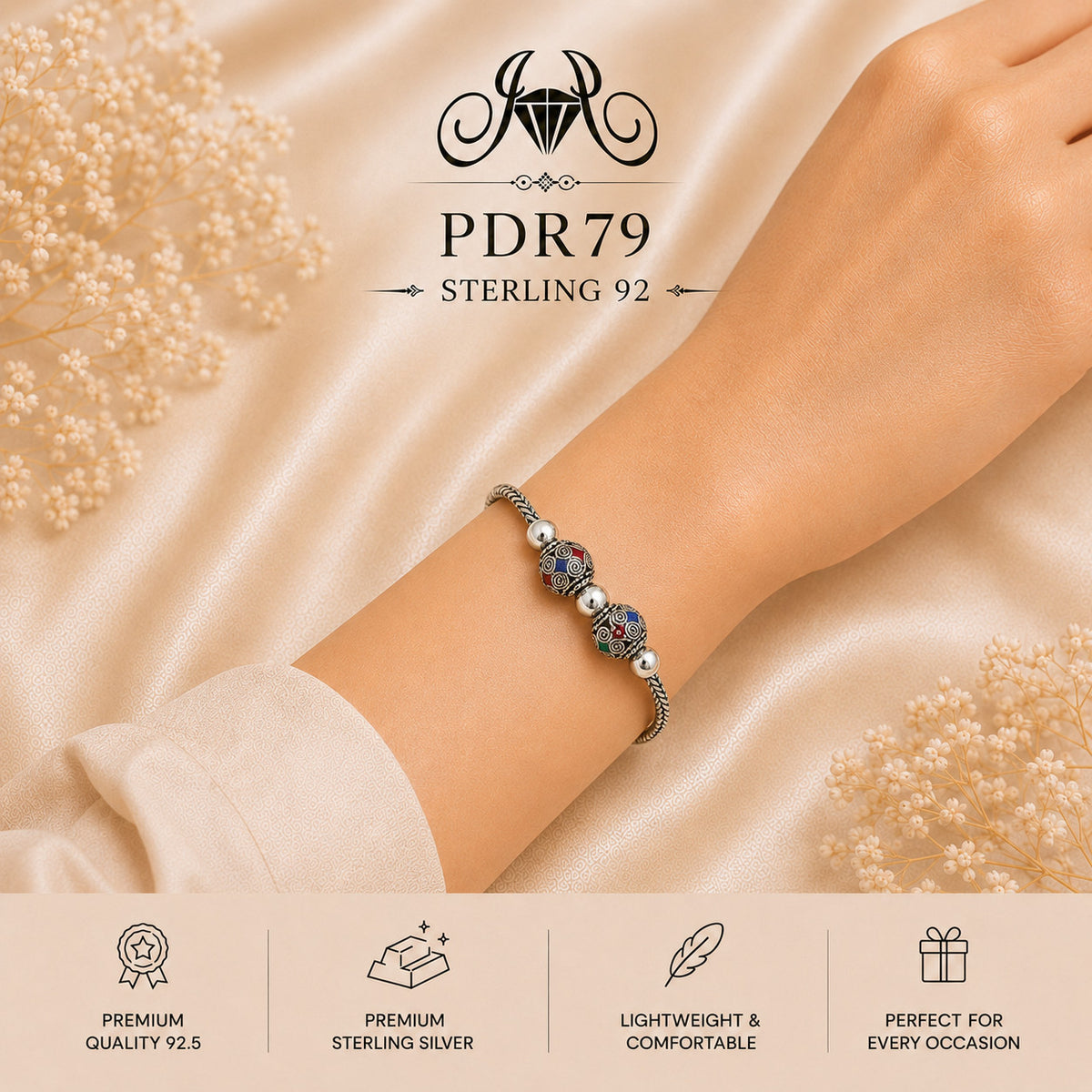 PDR79 92.5 Sterling Silver Charm Bracelet wearing view