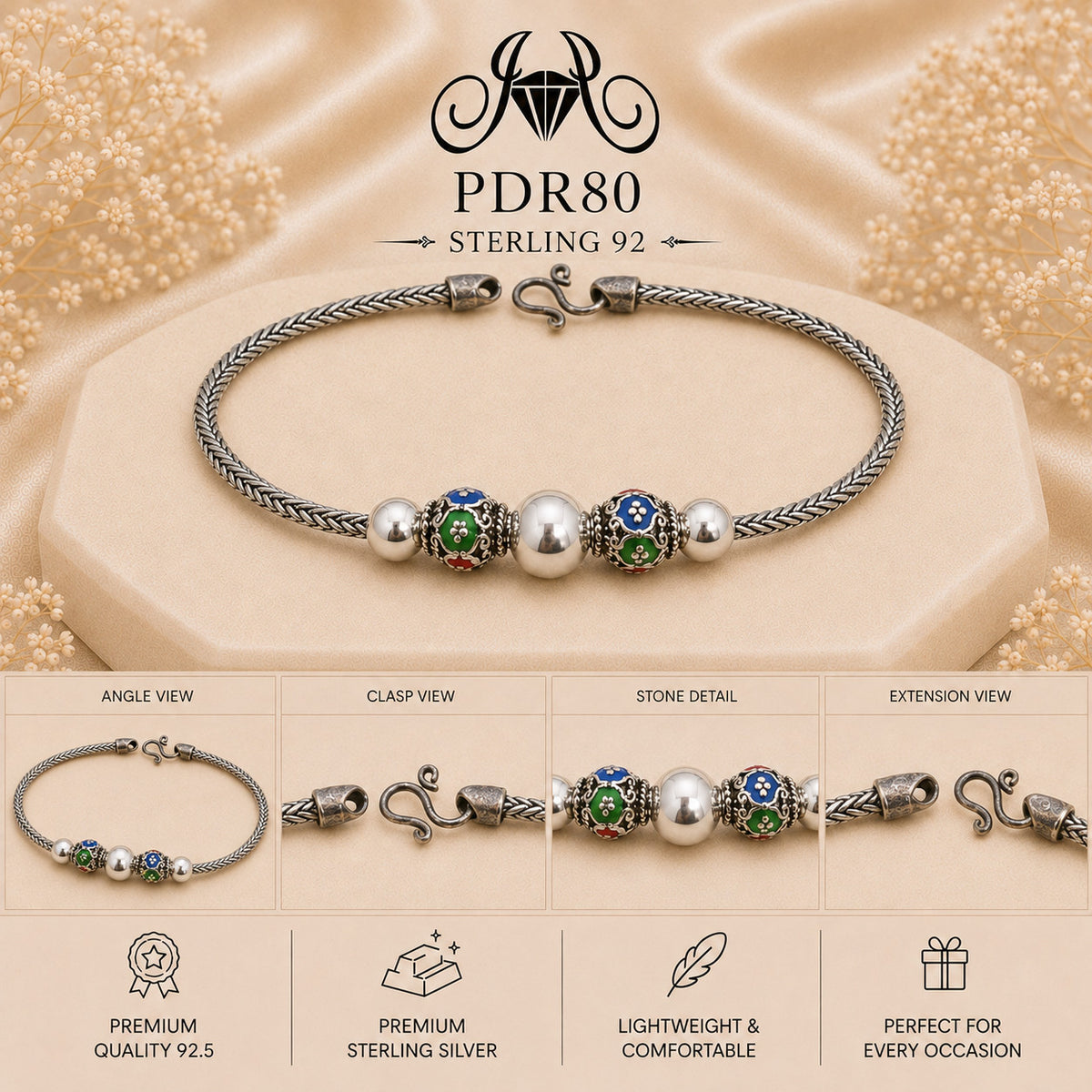PDR80 92.5 Sterling Silver Charm Bracelet collage