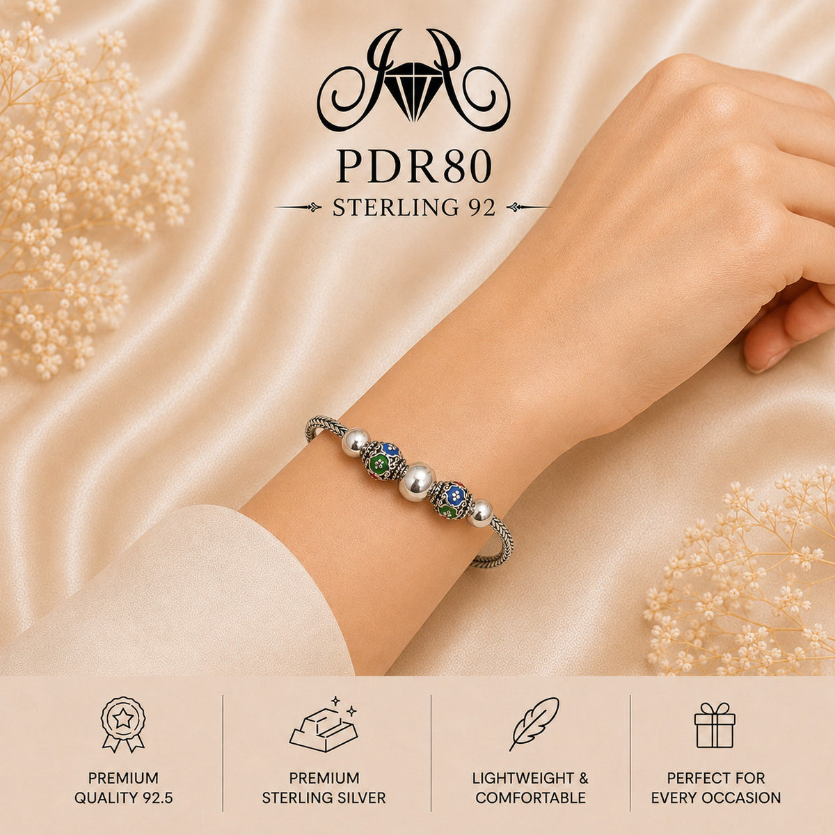 PDR80 92.5 Sterling Silver Charm Bracelet wearing view