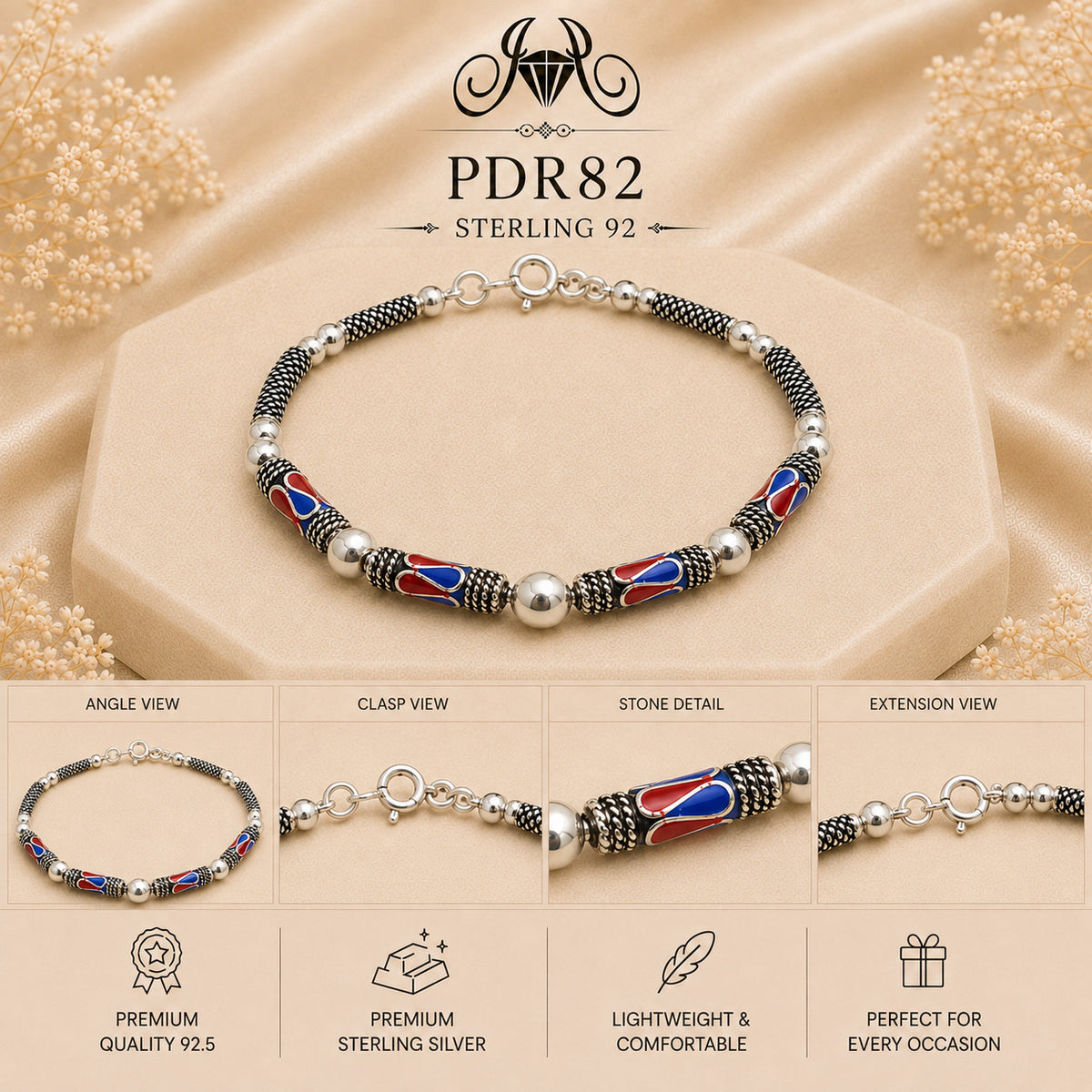 PDR82 92.5 Sterling Silver Charm Bracelet collage