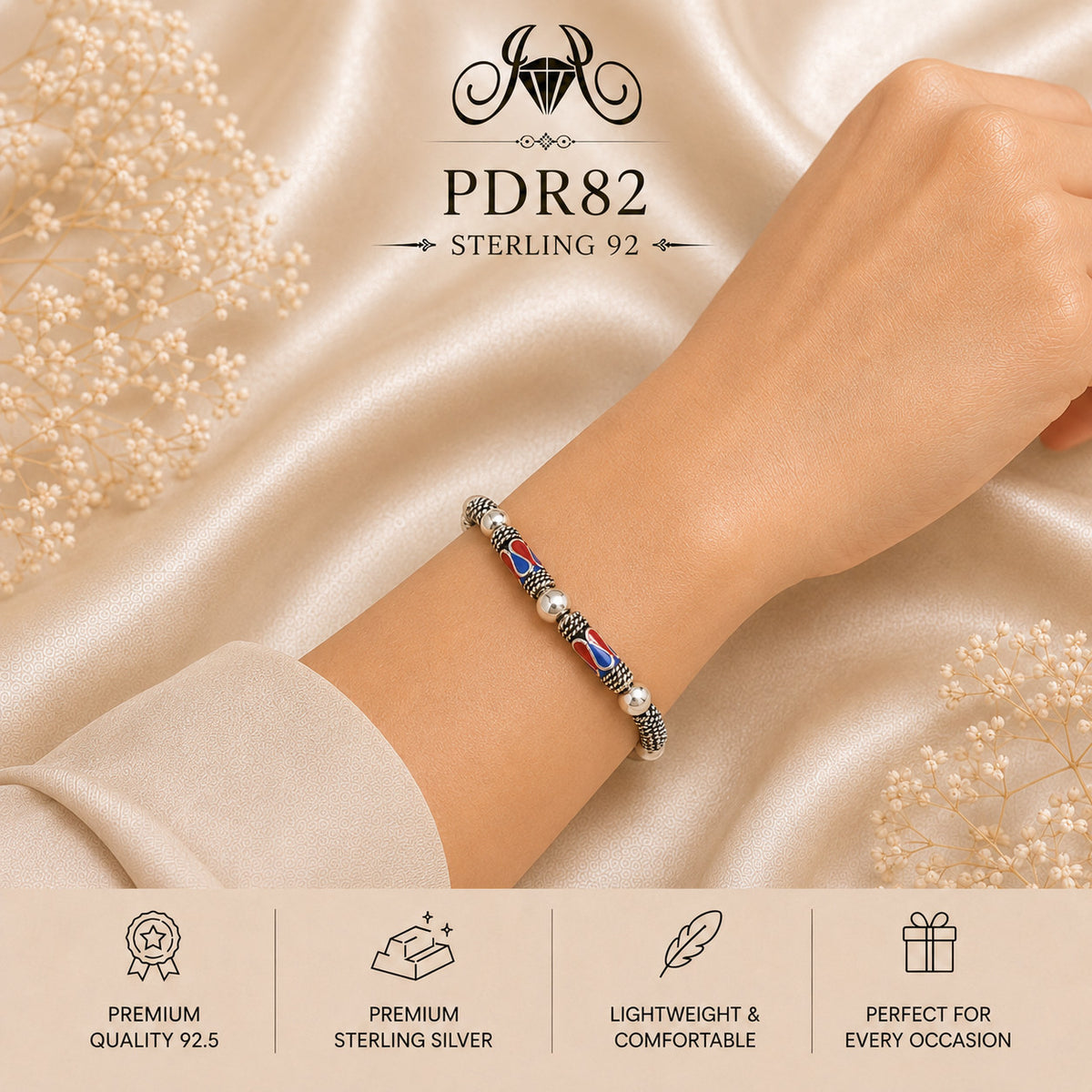 PDR82 92.5 Sterling Silver Charm Bracelet wearing view