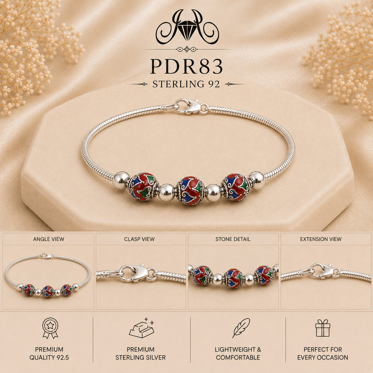 PDR83 92.5 Sterling Silver Charm Bracelet collage