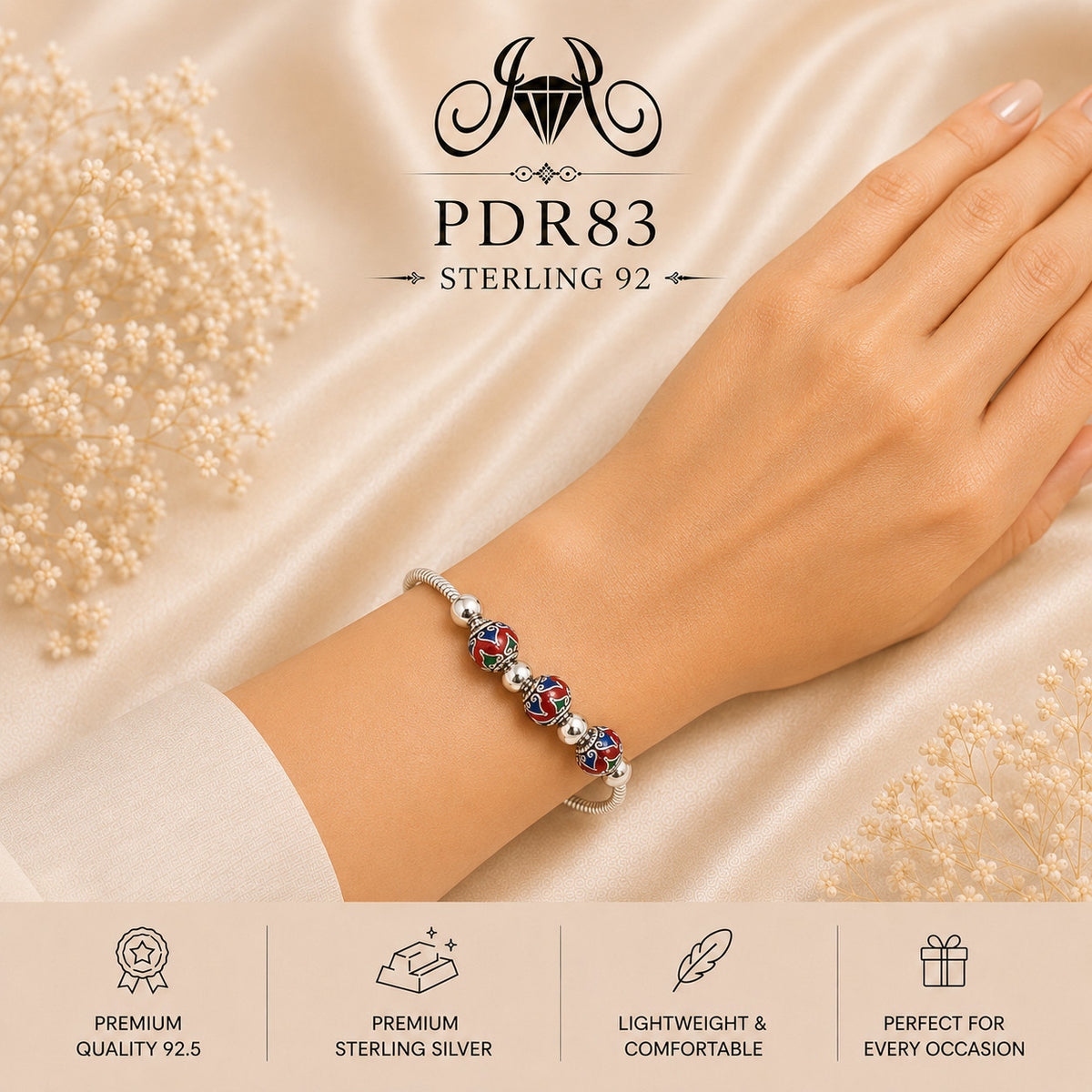 PDR83 92.5 Sterling Silver Charm Bracelet wearing view