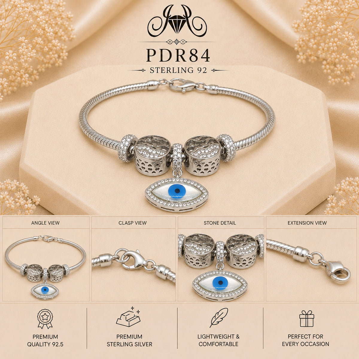 PDR84 92.5 Sterling Silver Charm Bracelet collage