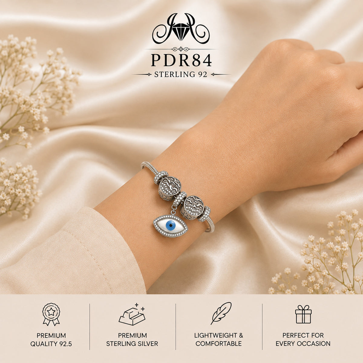 PDR84 92.5 Sterling Silver Charm Bracelet wearing view