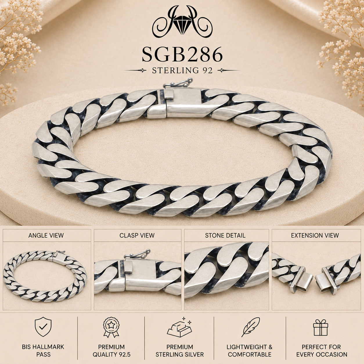 Oxidized Silver Bold Cuban-Link Men's Bracelet - detail collage