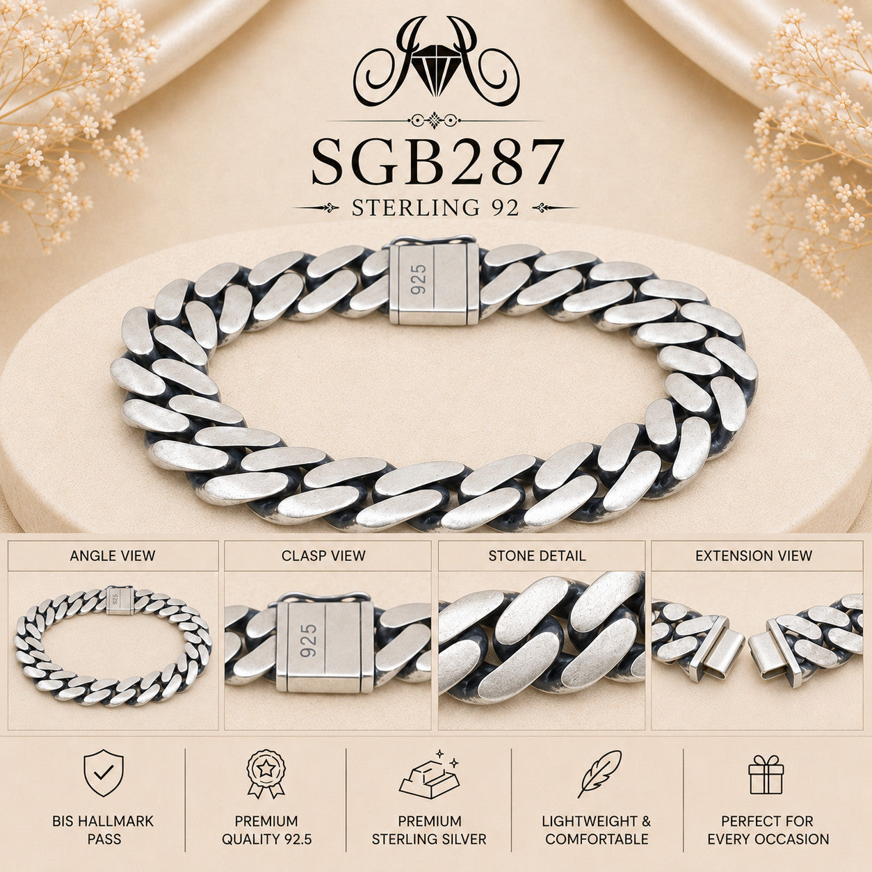 Oxidized Silver Heavy Cuban-Link Men's Bracelet - detail collage