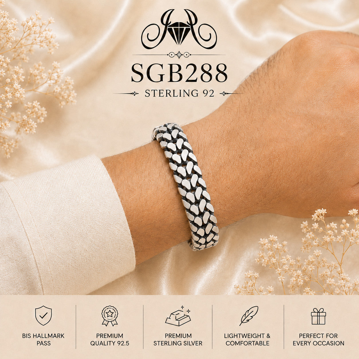 Oxidized Silver Chevron-Link Men's Bracelet - wrist view