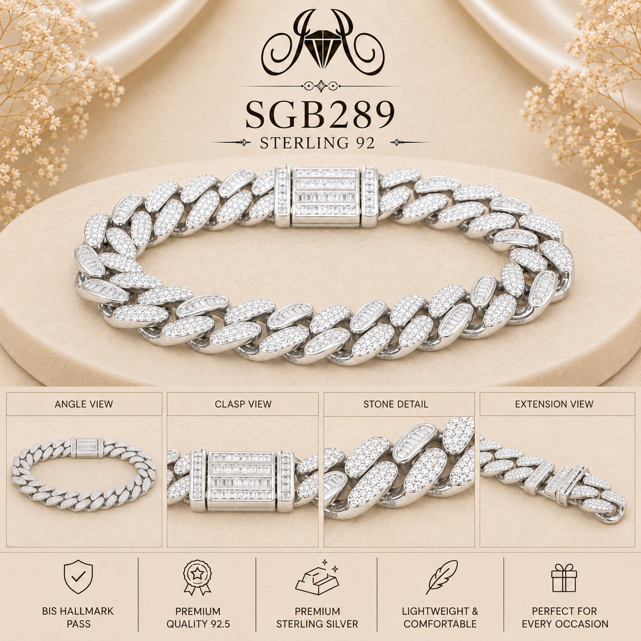 Pavé Cuban-Link Sterling Silver Men's Bracelet - detail collage