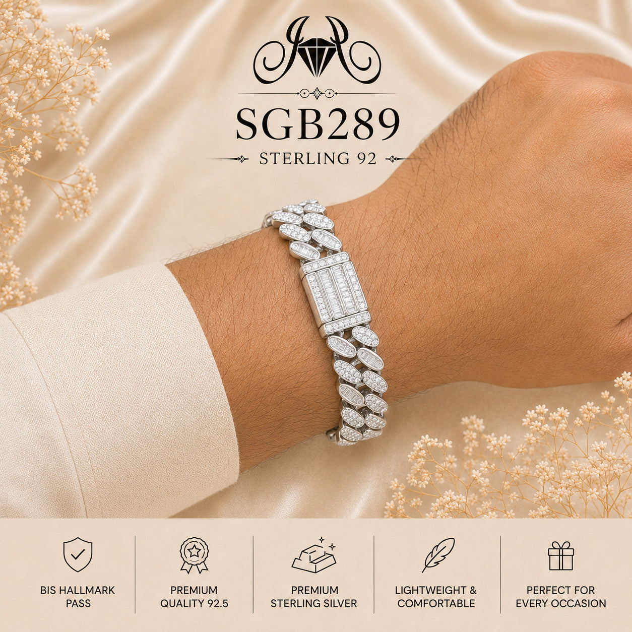 Pavé Cuban-Link Sterling Silver Men's Bracelet - wrist view