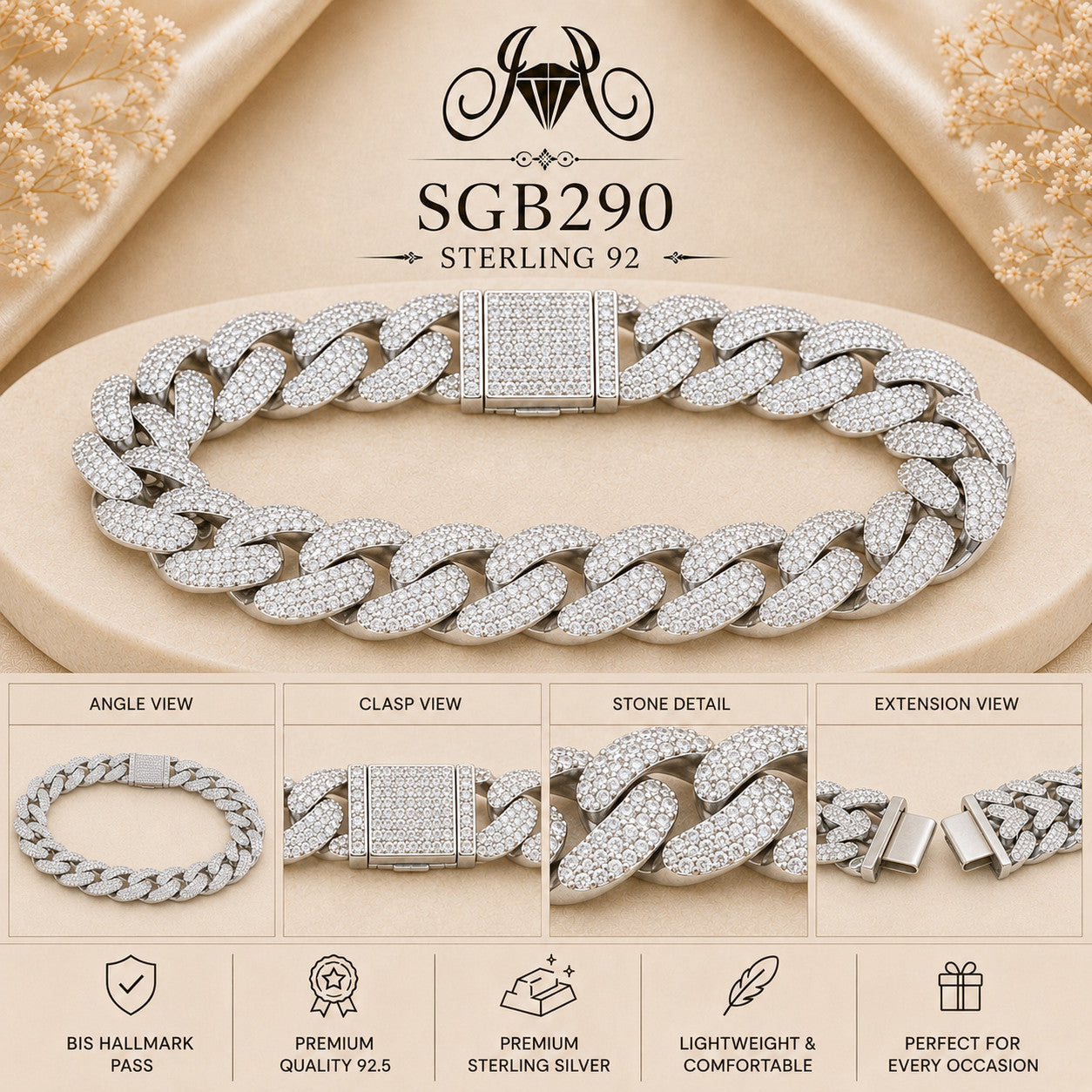 Pavé Heavy Cuban-Link Sterling Silver Men's Bracelet - detail collage