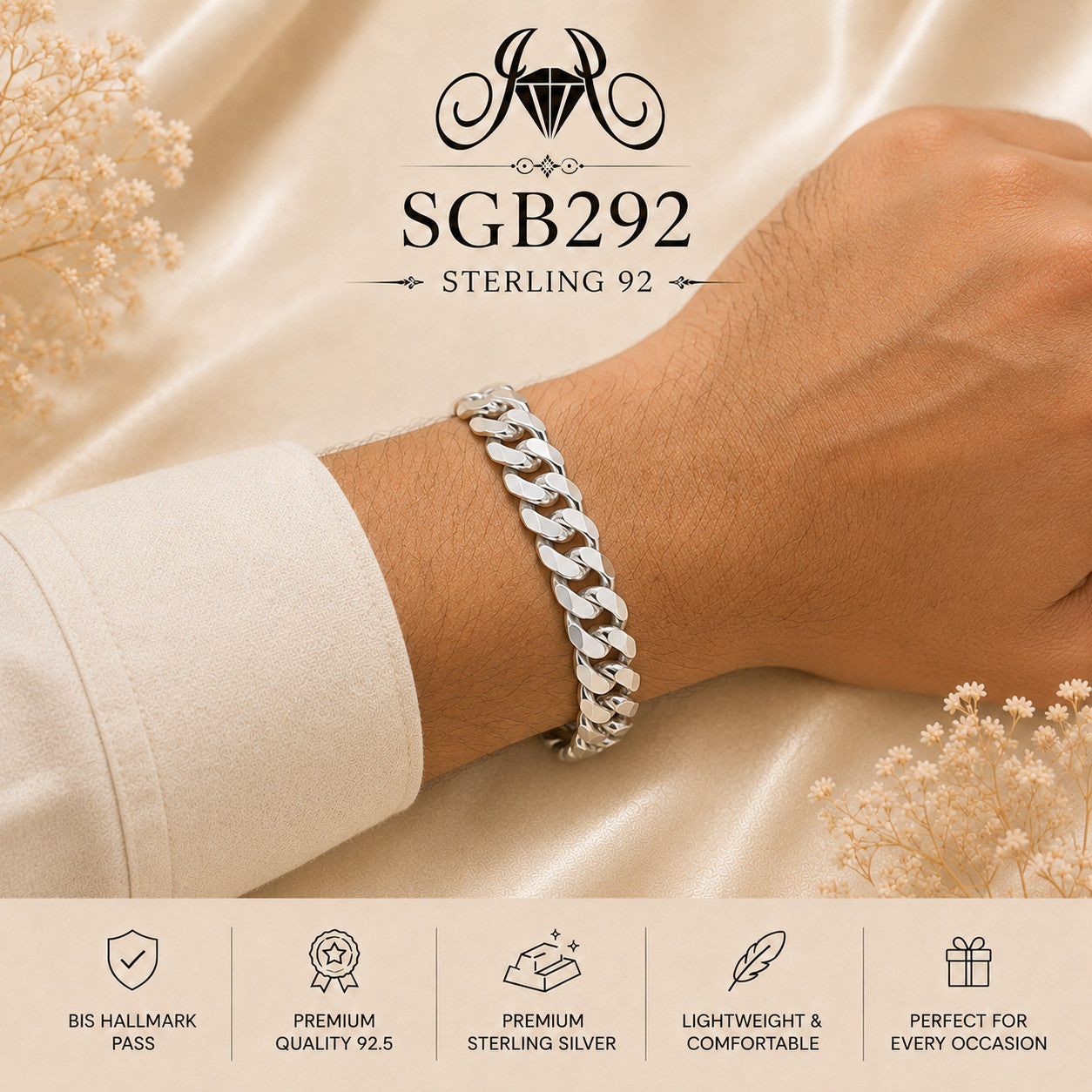 Classic Sterling Silver Cuban-Link Men's Bracelet - wrist view