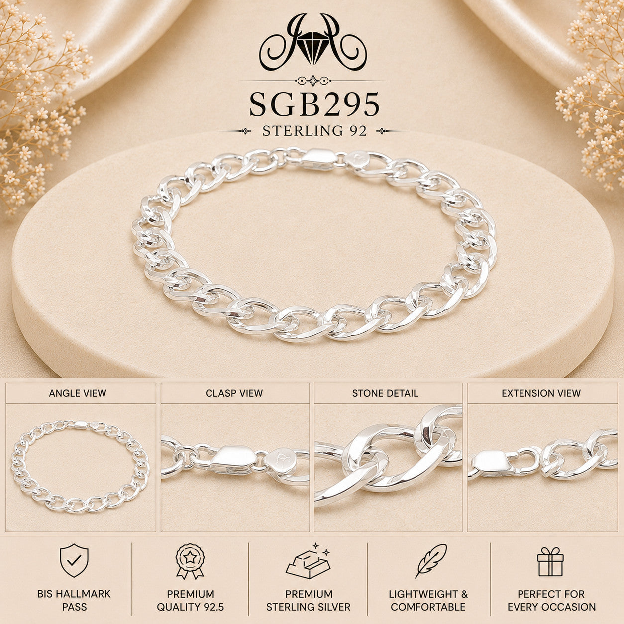 Polished Silver Oval Curb-Link Men's Bracelet - detail collage